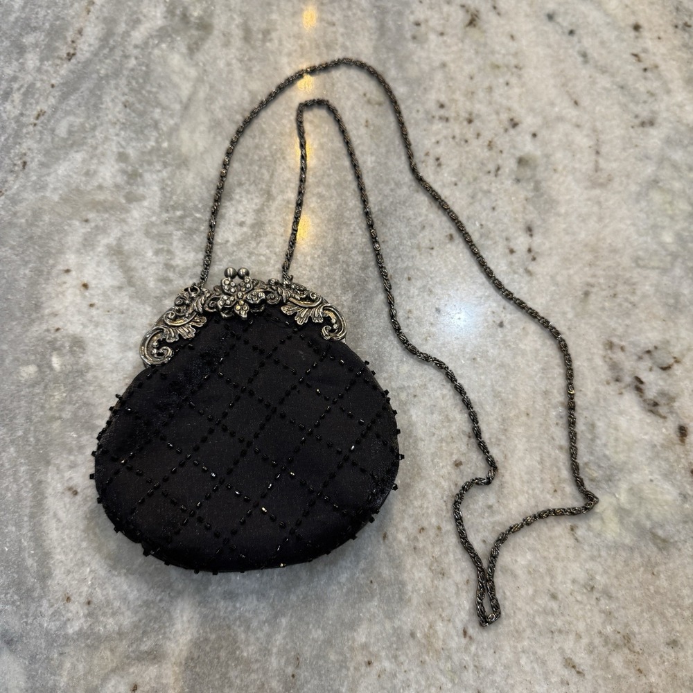 Jessica McClintock Black Beaded Evening Bag Purse Chain Crossbody Opera
